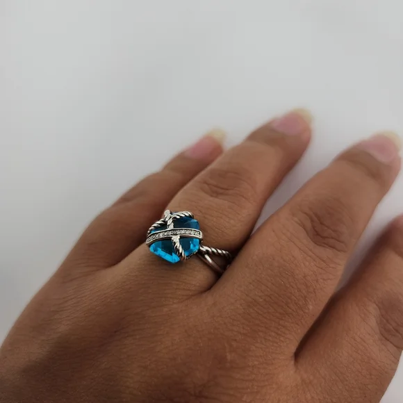David Yurman Cable Wrap Ring with Blue Topaz and Diamonds - Picture 6 of 7